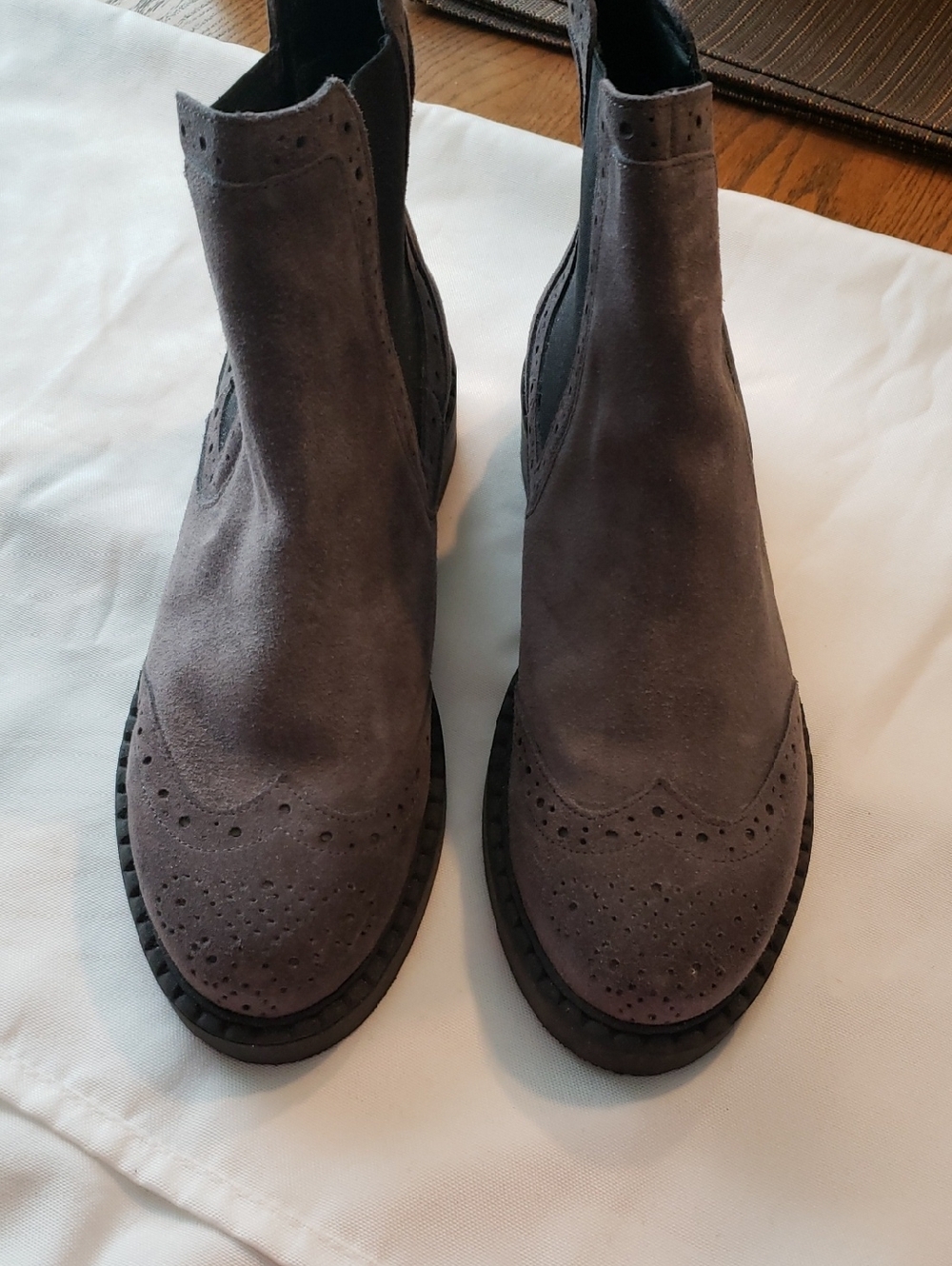 Women's Suede Chelsea Booties with Brogue Detailing — Gray